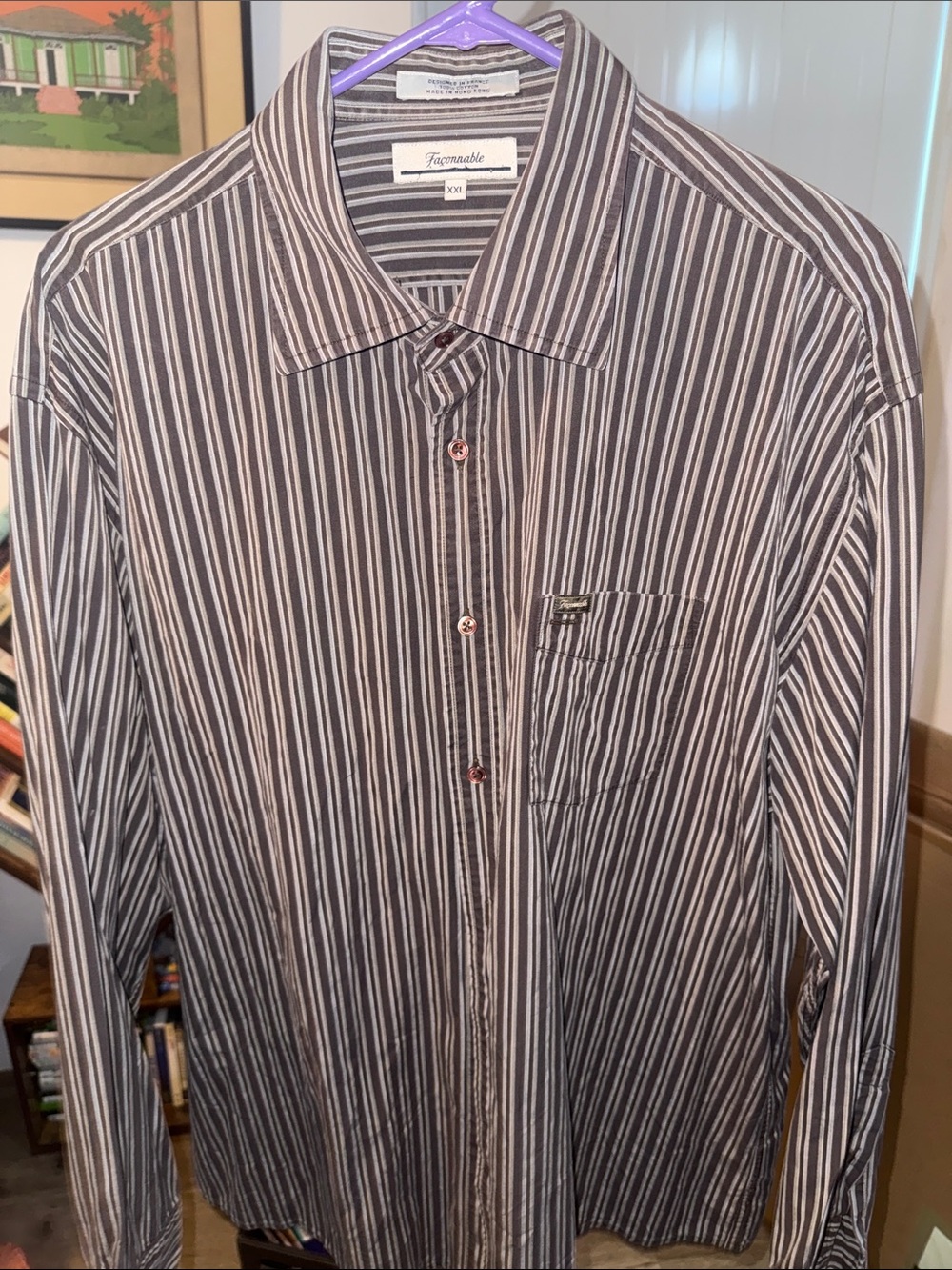 Faconnable Men's Black and White Striped Dress Shirt